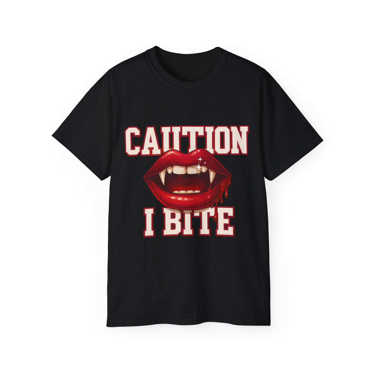 Caution I Bite Vampire Fangs & Red Lips -GILDAN 2000 Unisex T-Shirt
