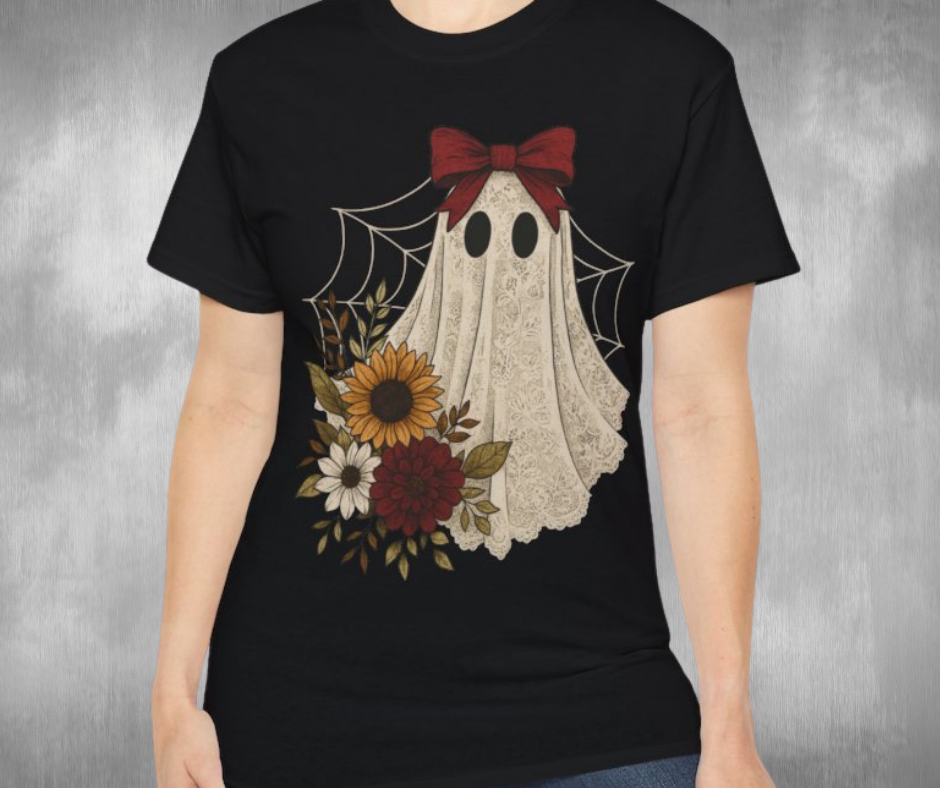 Lace Ghost With Bow & Floral Shirt -GILDAN 2000 Unisex Cotton T-Shirt