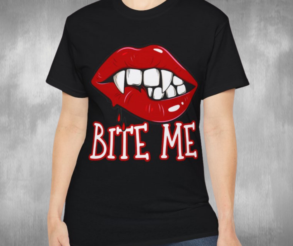 Bite Me Candy Apple Red Vampire Lips Fangs -GILDAN 2000 Unisex T-Shirt
